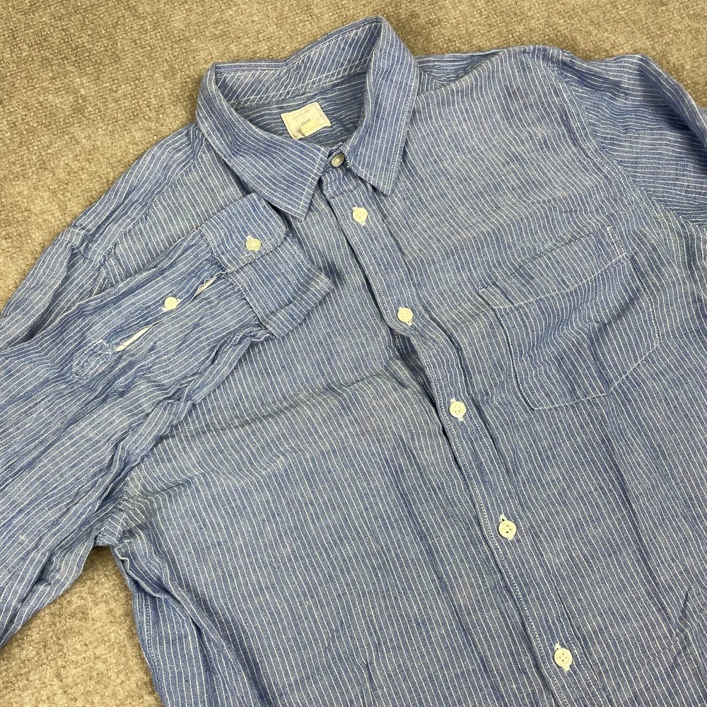 Gap Shirt Mens XL Tall Blue White Striped Linen Cotten Blend Pocket Long Sleeve
